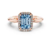 Fancy Blue Emerald Cut Diamond Halo Engagement Ring Set in Rose gold with Plain Split Shank and Prong Setting