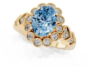 Oval Scalloped Halo Engagement Ring Setting for a Fancy Blue Lab-Grown Diamond | Heart Pavé Band | Yellow Gold