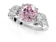 Round Three Stone Engagement Ring Setting for a Fancy Pink Lab-Grown Diamond | Tapered Pave Band | Platinum