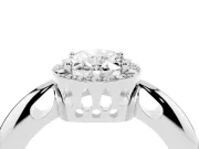 Oval Cut Diamond Halo Engagement Ring Set in White gold with Plain Split Shank and Prong Setting