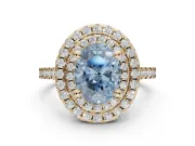 Fancy Blue Oval Lab-Grown Diamond Double Halo Statement Ring Set in Yellow Gold with Pavé Band