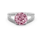 Fancy Pink Round Cut Diamond Split Shank Ring Set in White gold with Pavé Band and Prong Setting