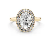 Oval Cut Diamond Halo Solitaire Ring Set in Yellow gold with Pavé Band and Prong Setting