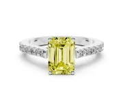 Fancy Yellow Emerald Cut Diamond Solitaire Engagement Ring Set in Silver with Delicate Pavé Band and Prong Setting