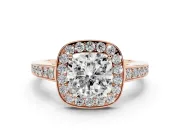 Cushion Cut Diamond Halo Pavé Engagement Ring Set in Rose gold with Bezel Setting