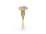 Heart Cut Diamond Halo Engagement Ring Set in Yellow gold with Filigree Band and Prong-Set Center