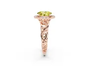 Fancy Yellow Oval Cut Diamond Halo Ring Set in Rose gold with Scrollwork Band and Prong Setting