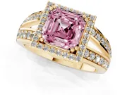 Asscher Cut Halo Engagement Ring Setting for a Fancy Pink Lab-Grown Diamond | Two-Row Pave Split Shank | Yellow Gold