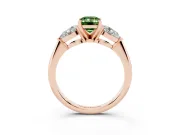 Fancy Green Three-Stone Emerald Cut Diamond Ring Set in Rose gold with Pear Side Stones and Prong Setting