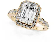 Emerald Cut Diamond Halo Ring Set in Yellow gold with Delicate Pavé Band and Prong Setting