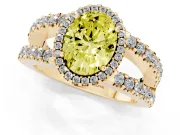 Fancy Yellow Oval Cut Diamond Halo Ring Set in Yellow gold with Pavé Split Shank and Prong Setting