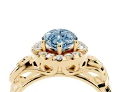 Fancy Blue Marquise Cut Diamond Halo Ring Set in Yellow gold with Scrollwork Band and Prong Setting