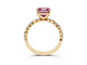 Fancy Pink Asscher Cut Diamond Prong Set Engagement Ring Set in Yellow gold with Round Accent Pavé Band