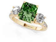 Fancy Green Three-Stone Radiant Cut Diamond Pavé Band Ring Set in Yellow gold with Prong-Set Trio