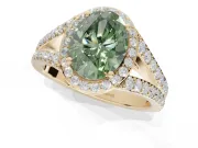 Oval Halo Pavé Engagement Ring Setting for a Fancy Green Lab-Grown Diamond | Narrow Split Shank | Yellow Gold