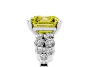 Fancy Yellow Asscher Cut Diamond Cluster Engagement Ring Set in White gold with Pavé Band and Prong Setting