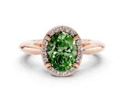 Fancy Green Oval Cut Diamond Halo Engagement Ring Set in Rose gold with Plain Split Shank and Prong Setting