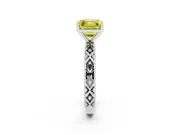 Fancy Yellow Asscher Cut Diamond Solitaire Ring Set in White gold with Milgrain and Black Enamel X Pattern Band