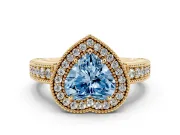Fancy Blue Heart Cut Diamond Halo Ring Set in Yellow gold with Round Accent Halo, Pavé Band and Prong Setting