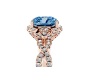 Fancy Blue Cushion Cut Diamond Halo Twist Band Solitaire Ring Set in Rose gold with Prong-Set Center Stone