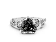 Fancy Black Heart Cut Diamond Solitaire Leaf-Inspired Ring Set in White gold with Pavé Band and Prong Setting