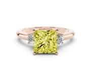 Fancy Yellow Three-Stone Princess Cut Diamond Ring Set in Rose gold with Prong Setting and Plain Band