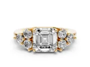 Asscher Cut Cluster Side Stone Engagement Ring Setting | Plain Band | Yellow Gold