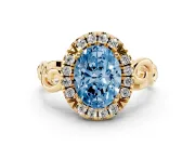Oval Filigree Halo Engagement Ring Setting for a Fancy Blue Lab-Grown Diamond | Yellow Gold
