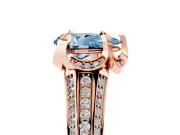 Fancy Blue Pear Cut Diamond Pavé Split Shank Solitaire Ring Set in Rose gold with Prong Setting