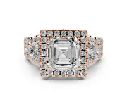 Asscher Cut Halo Split Shank Engagement Ring Setting | Round Side Stones | Rose Gold