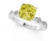 Fancy Yellow Cushion Cut Diamond Solitaire Engagement Ring Set in White gold with Milgrain Bezel Accent Band