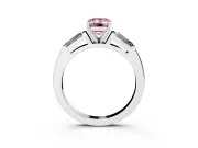 Fancy Pink Emerald Cut Diamond Solitaire Ring Set in White gold with Tapered Baguette Side Stones and Prong Setting
