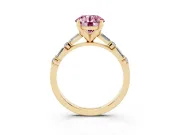 Fancy Pink Round Cut Diamond Solitaire Set in Yellow gold with Side Baguettes and Channel Set Band