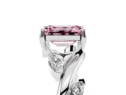 Fancy Pink Emerald Cut Diamond Solitaire Ring Set in Silver with Twisted Marquise Accent Band