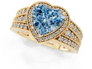 Fancy Blue Heart Cut Diamond Halo Ring Set in Yellow gold with Accent Split Shank and Prong Setting