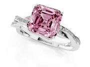 Fancy Pink Asscher Cut Diamond Solitaire Twisted Pavé Ring Set in Platinum with Prong Setting