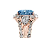 Fancy Blue Radiant Cut Diamond Halo Split Shank Engagement Ring Set in Rose gold with Prong-Held Center Stone