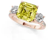 Fancy Yellow Three-Stone Asscher Cut Diamond Pavé Band Ring Set in Rose gold with Prong-Set Trio