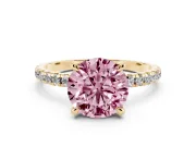 Fancy Pink Round Cut Diamond Brilliant Solitaire Ring Set in Yellow gold with Pavé Band and Prong Setting