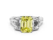 Fancy Yellow Emerald Cut Diamond Three-Stone Ring Set in Platinum with Braided Band