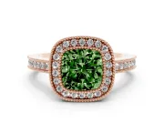 Fancy Green Cushion Cut Diamond Halo Ring Set in Rose gold with Pavé Band and Milgrain-Edged Prongs