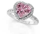 Fancy Pink Heart Cut Diamond Halo Engagement Ring Set in White gold with Milgrain Detail and Pavé Band