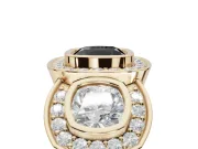 Cushion Cut Three Stone Halo Engagement Ring Setting for a Black Center | Bezel Set | Yellow Gold