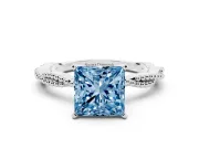 Fancy Blue Princess Cut Diamond Solitaire Ring Set in Silver with Twisted Band and Bead Prong Setting