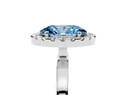 Fancy Blue Oval Cut Diamond Halo Solitaire Ring Set in White gold with Pavé Band and Prong Setting
