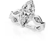Marquise Cut Diamond Twist Band Solitaire Ring Set in White gold with Leaf Prong Setting and Accent Stones