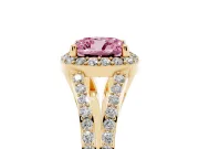 Cushion Cut Halo Engagement Ring Setting for a Fancy Pink Lab-Grown Diamond | V-Split Pavé Band | Yellow Gold