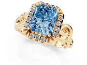 Radiant Cut Filigree Halo Engagement Ring Setting for a Fancy Blue Lab-Grown Diamond | Yellow Gold