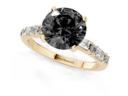 Fancy Black Round Cut Diamond Solitaire Set in Yellow gold with Side Baguettes and Channel Set Band