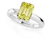 Fancy Yellow Emerald Cut Diamond Solitaire Ring Set in White gold with Prong Head and Smooth Polished Band
